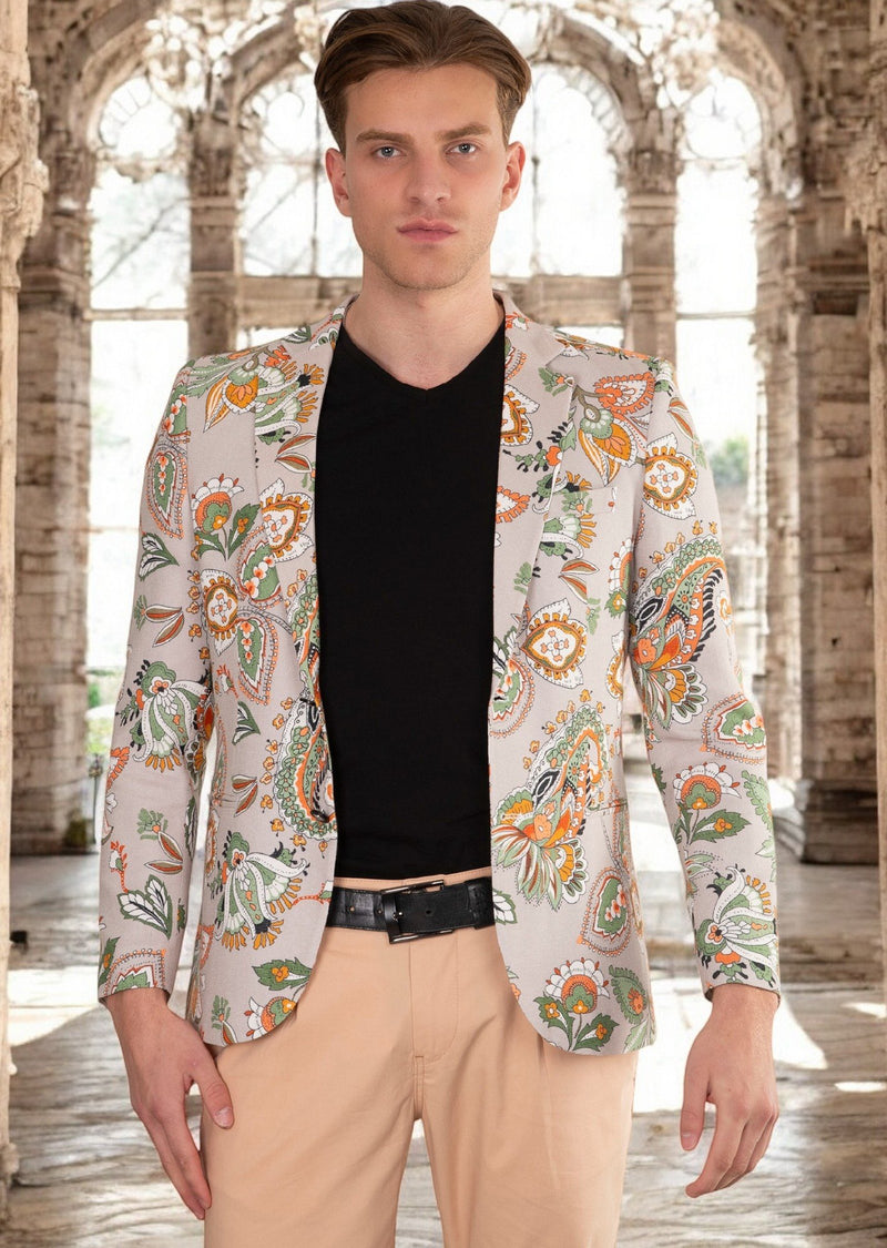 Beige Orange Bloom Print Blazer