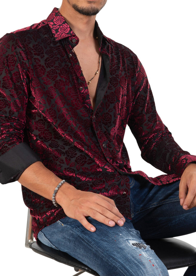 Burgundy Floral Burnout Velvet Shirt