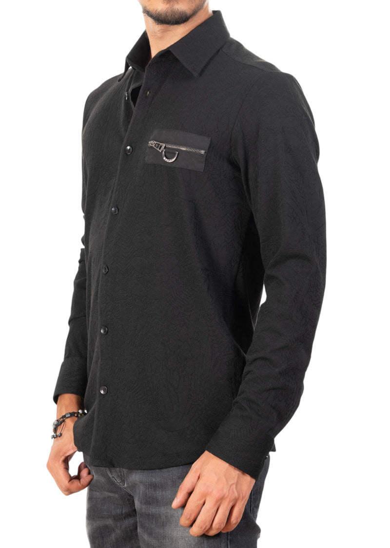 Black Emboss Zipper Knit Shirt