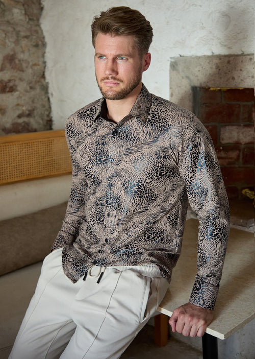 Beige Swirl Leopard Foil Knit Shirt