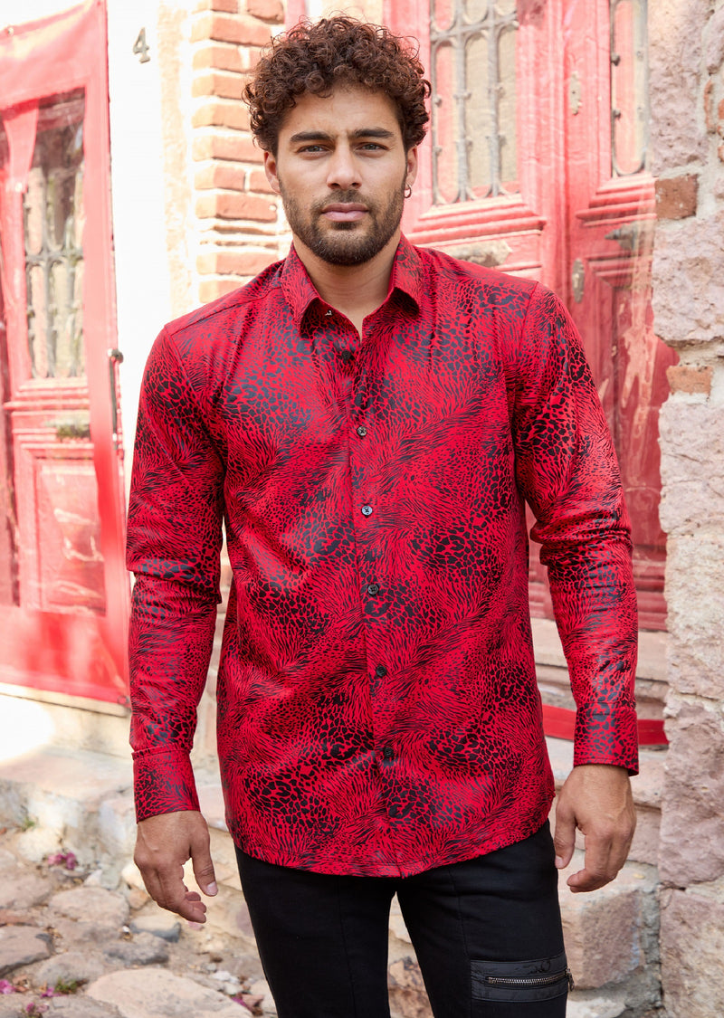 Red Swirl Leopard Foil Knit Shirt