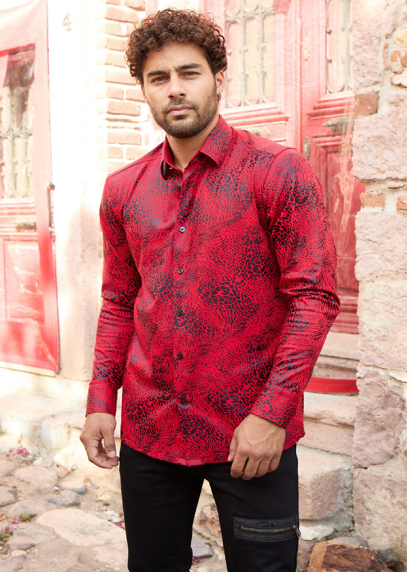 Red Swirl Leopard Foil Knit Shirt