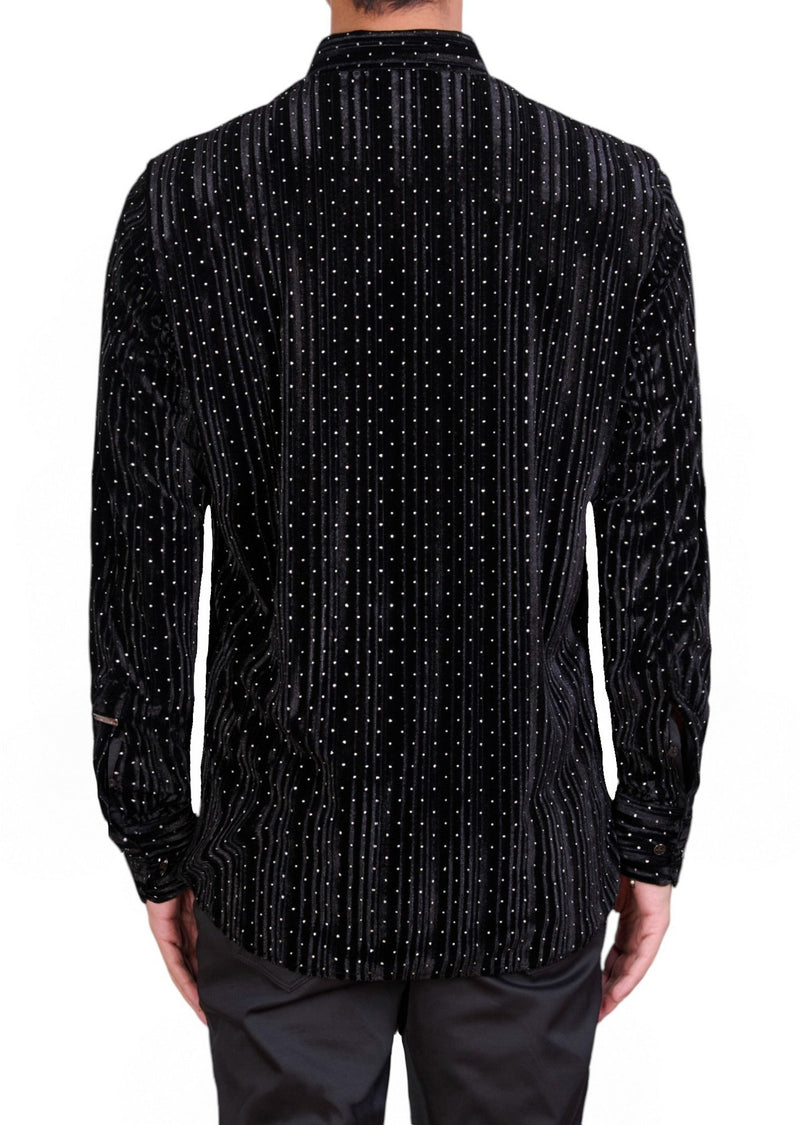 Black Glued Studded Velvet Shirt