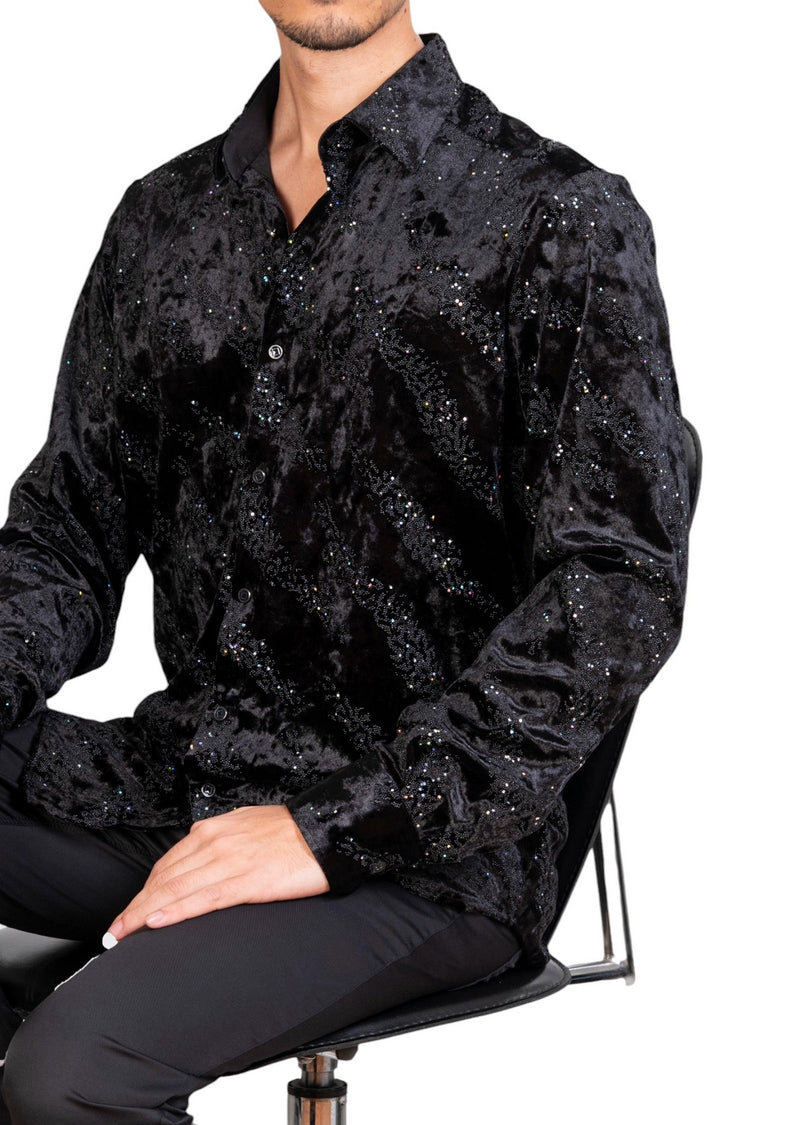 Black Luxe Rhinestone Velvet Shirt