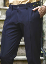 Navy Gold Buckle Seamed Pants