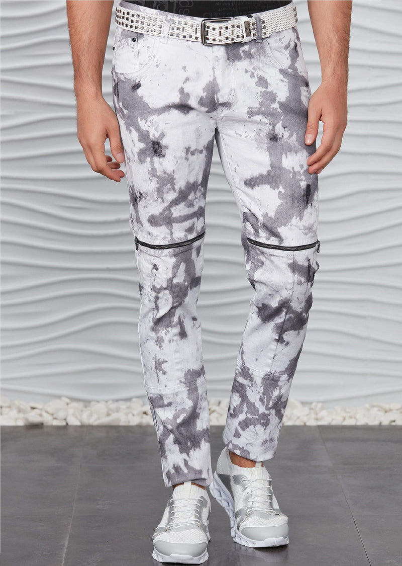 White Overcast Tie-Dye Zipper Jeans