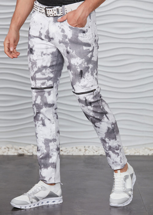 White Overcast Tie-Dye Zipper Jeans