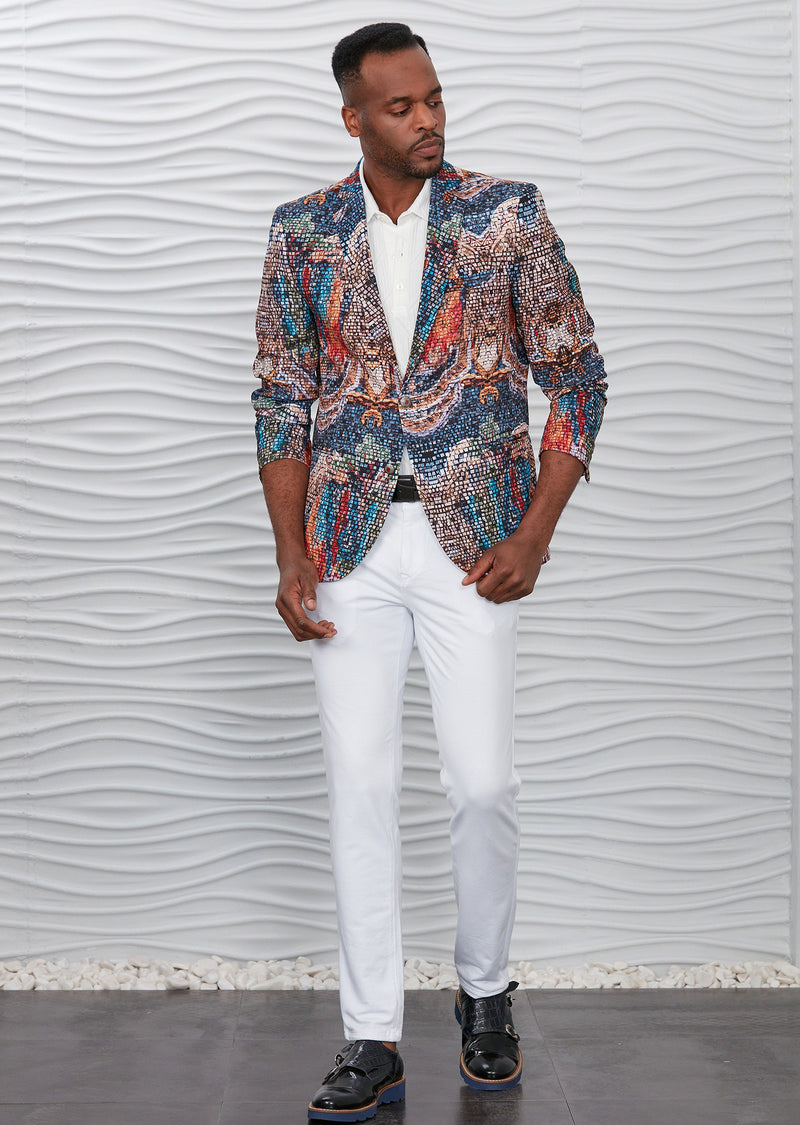 Navy Brown Mosaic Print Blazer