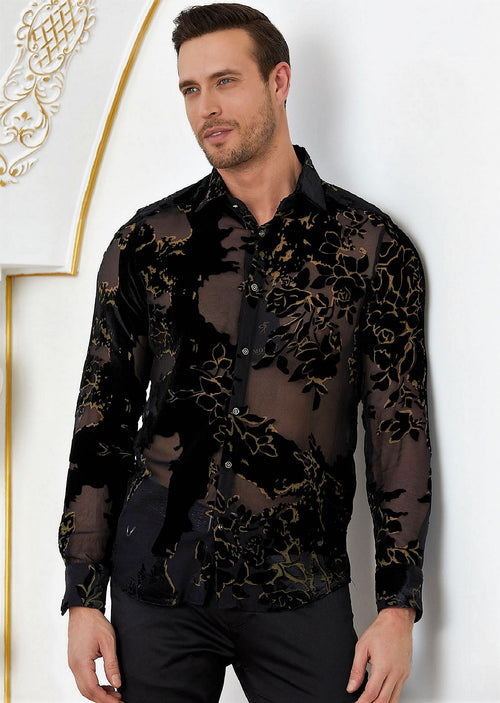 Black Gold Leaf Velvet Shirt